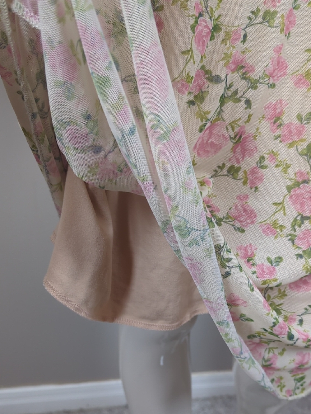 See You Monday Floral V-Neck Midi Dress in Pink and Cream Sheer Stretchy Roses - Picture 5 of 7